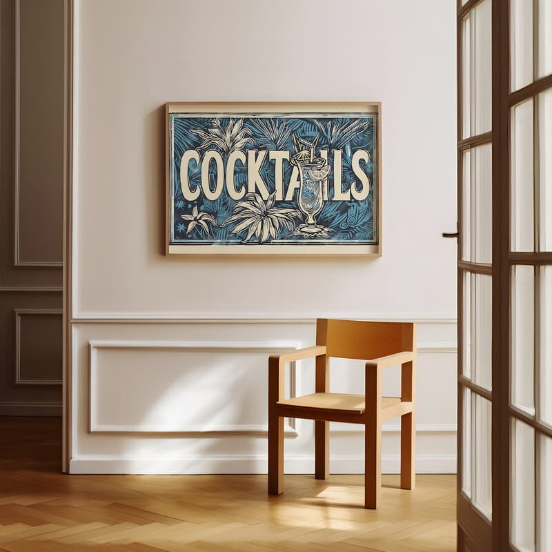 Room view with a full frame of A vintage linocut print, the word "COCKTAILS" with a tropical drink