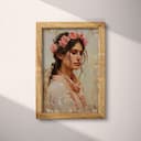 Full frame view of A chicano art oil painting, a woman with pink flowers in her hair