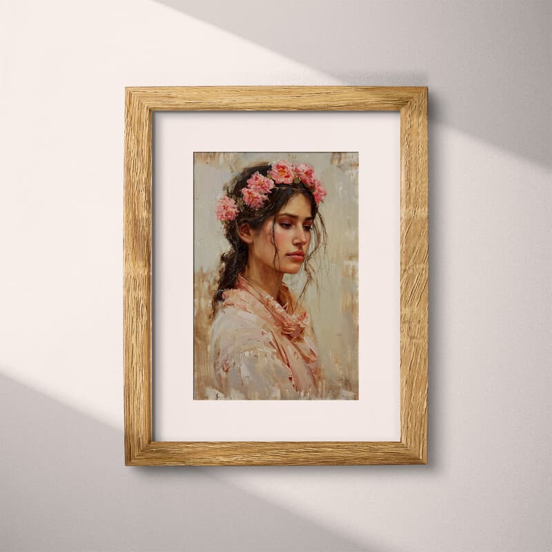 Matted frame view of A chicano art oil painting, a woman with pink flowers in her hair