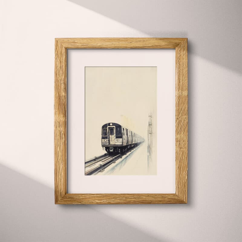 Matted frame view of An industrial pastel pencil illustration, outdoor subway train