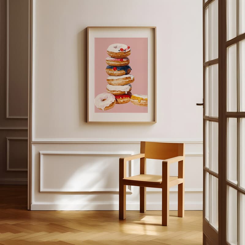 Room view with a matted frame of A cute simple illustration with simple shapes, stack of doughnuts