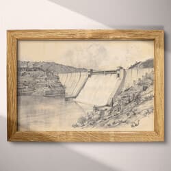 Dam Digital Download | Landscape Wall Decor | Landscapes Decor | Beige, Gray and Black Print | Vintage Wall Art | Office Art | Autumn Digital Download | Graphite Sketch