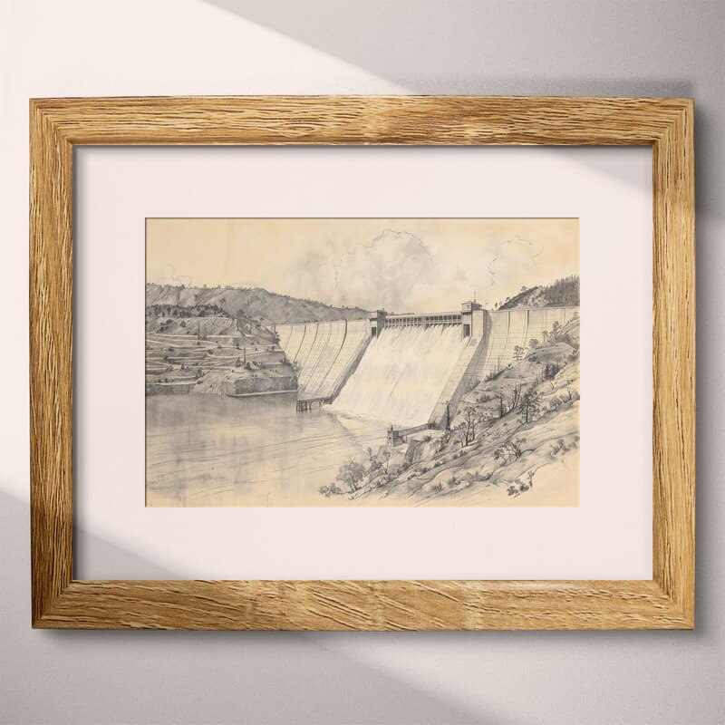 Matted frame view of A vintage graphite sketch, a dam