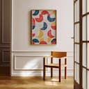 Room view with a full frame of A bauhaus textile print, half moon pattern