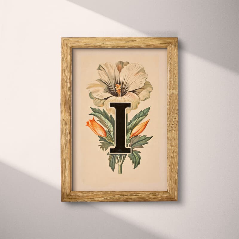 Full frame view of A vintage pastel pencil illustration, the letter "I" with a flower