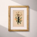 Matted frame view of A vintage pastel pencil illustration, the letter "I" with a flower