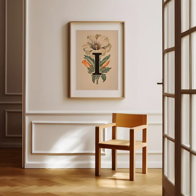 Room view with a matted frame of A vintage pastel pencil illustration, the letter "I" with a flower