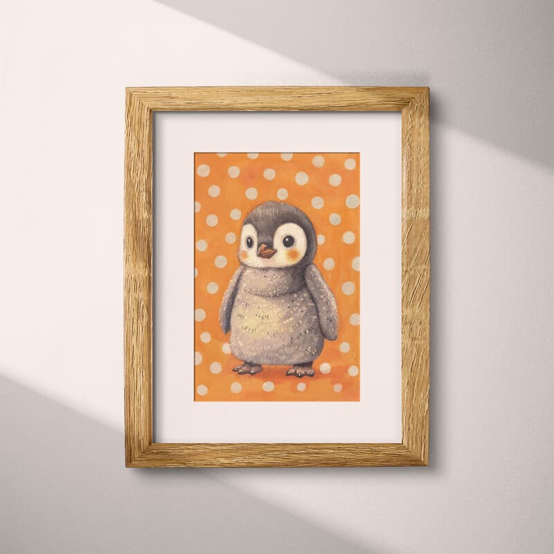 Matted frame view of A cute chibi anime pastel pencil illustration, a penguin