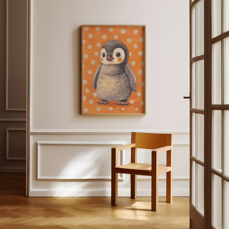 Room view with a full frame of A cute chibi anime pastel pencil illustration, a penguin