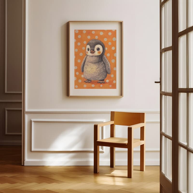 Room view with a matted frame of A cute chibi anime pastel pencil illustration, a penguin