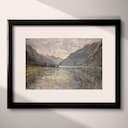 Matted frame view of An impressionist oil painting, a fjord, gray sky