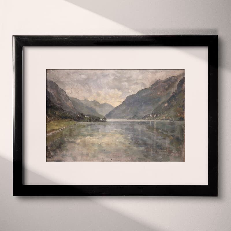 Matted frame view of An impressionist oil painting, a fjord, gray sky