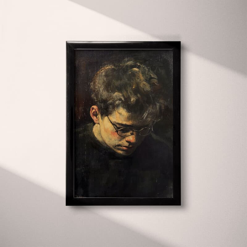 Full frame view of A vintage oil painting, portrait of a man with eyeglasses with head down