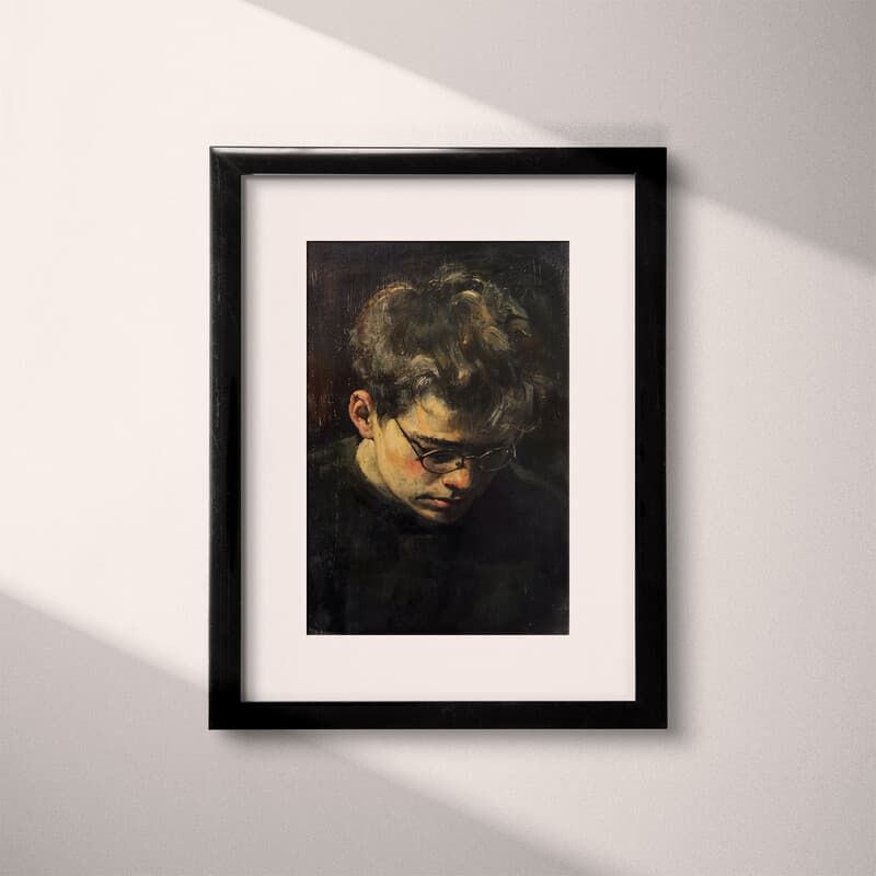 Matted frame view of A vintage oil painting, portrait of a man with eyeglasses with head down