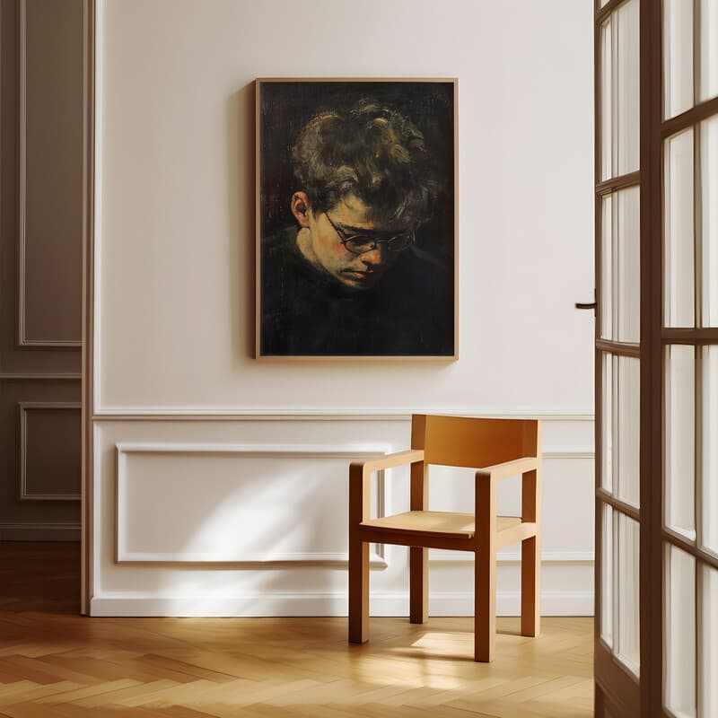 Room view with a full frame of A vintage oil painting, portrait of a man with eyeglasses with head down