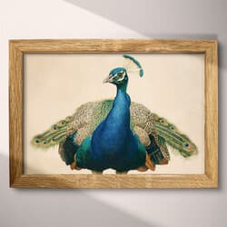 Peacock Art | Bird Wall Art | Animals Print | Beige, Black, Brown, Blue and Orange Decor | Art Deco Wall Decor | Living Room Digital Download | Housewarming Art | Autumn Wall Art | Pastel Pencil Illustration
