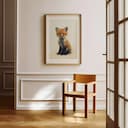 Room view with a matted frame of A cute chibi anime pastel pencil illustration, a fox