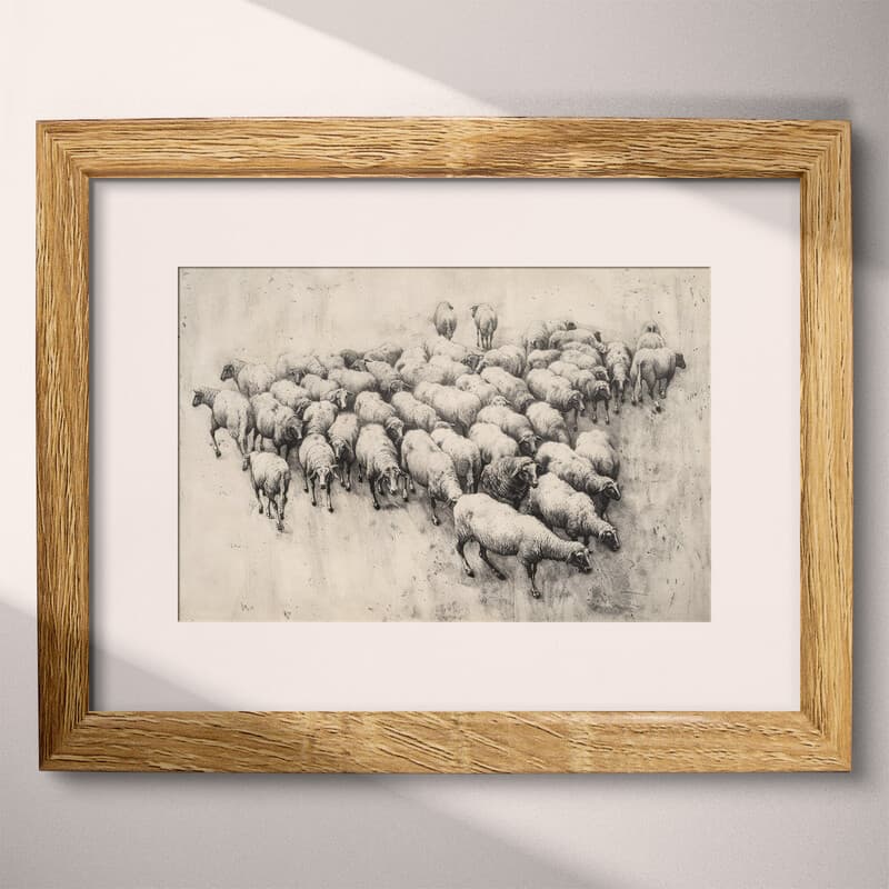 Matted frame view of A farmhouse graphite sketch, a herd of sheep, aerial view