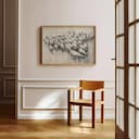 Room view with a full frame of A farmhouse graphite sketch, a herd of sheep, aerial view