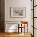 Room view with a matted frame of A farmhouse graphite sketch, a herd of sheep, aerial view