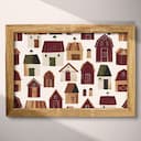 Full frame view of A rustic textile print, symmetric pattern of barns