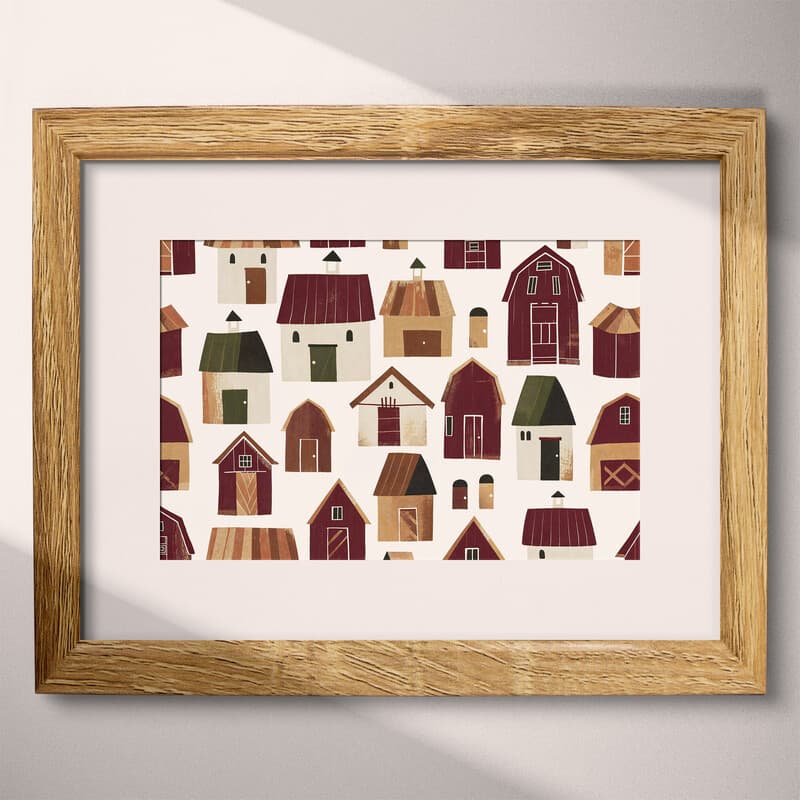 Matted frame view of A rustic textile print, symmetric pattern of barns