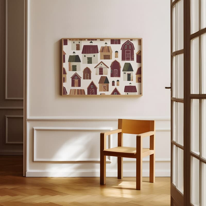 Room view with a full frame of A rustic textile print, symmetric pattern of barns