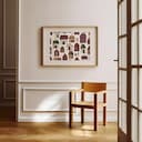 Room view with a matted frame of A rustic textile print, symmetric pattern of barns