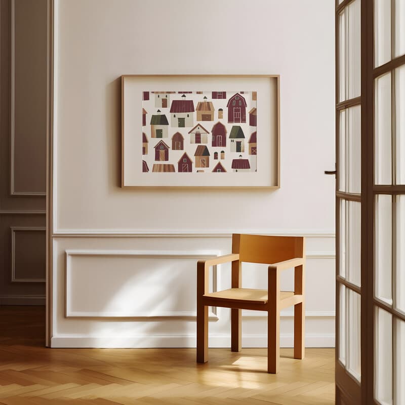 Room view with a matted frame of A rustic textile print, symmetric pattern of barns