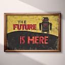 Full frame view of A vintage linocut print, the words "THE FUTURE IS HERE" with a robot