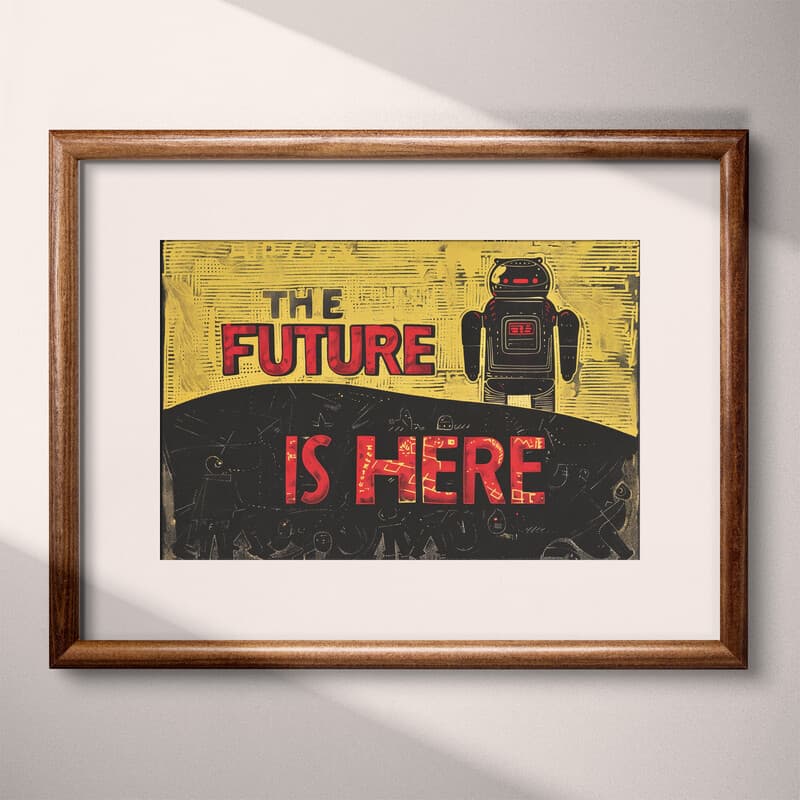 Matted frame view of A vintage linocut print, the words "THE FUTURE IS HERE" with a robot