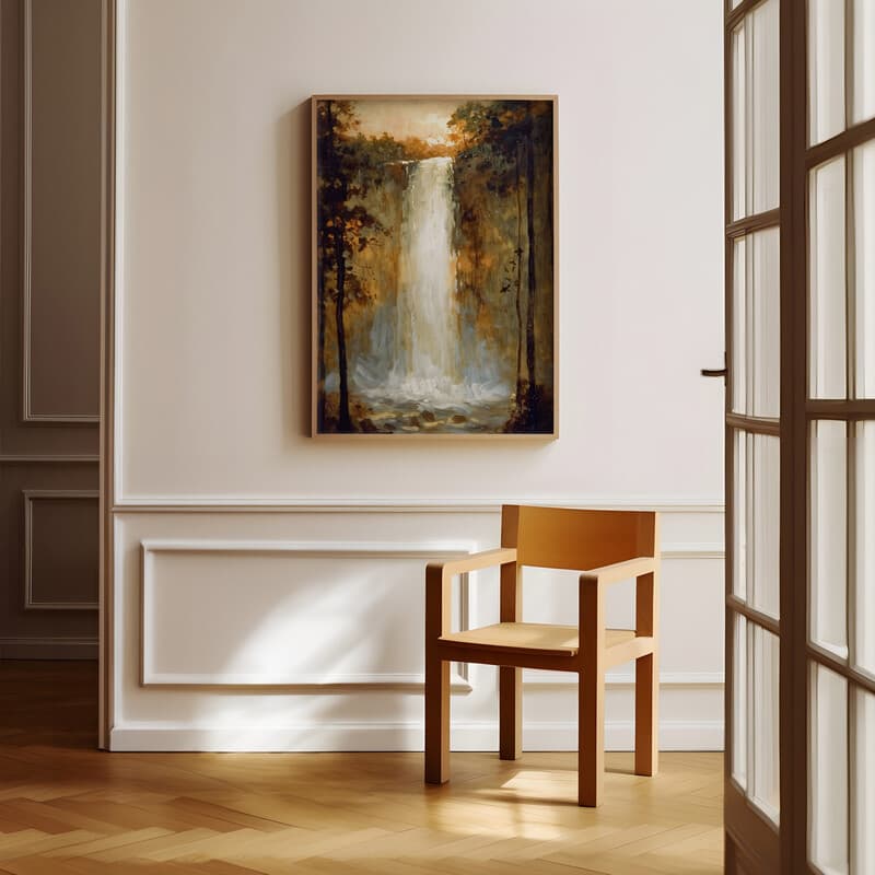 Room view with a full frame of An impressionist oil painting, waterfall at sunset