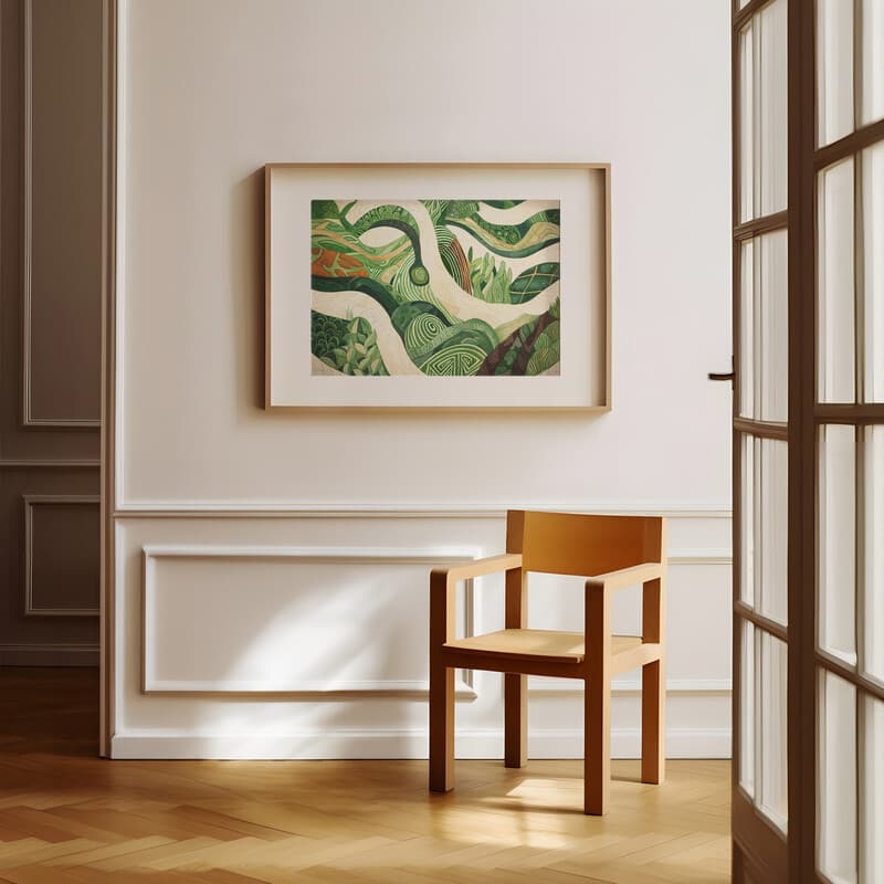 Room view with a matted frame of A contemporary colored pencil illustration, a garden maze, top-down view