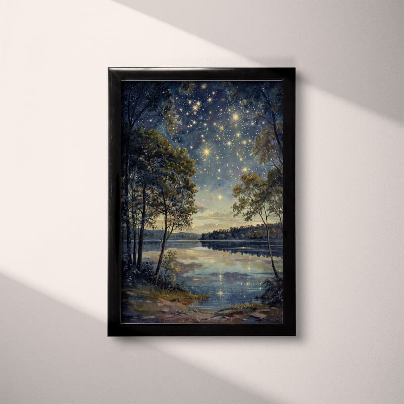 Full frame view of An impressionist oil painting, stars in the sky, lakeside landscape, trees