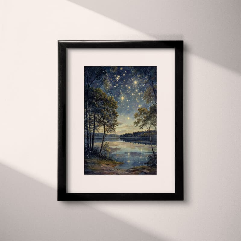 Matted frame view of An impressionist oil painting, stars in the sky, lakeside landscape, trees