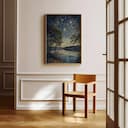 Room view with a full frame of An impressionist oil painting, stars in the sky, lakeside landscape, trees