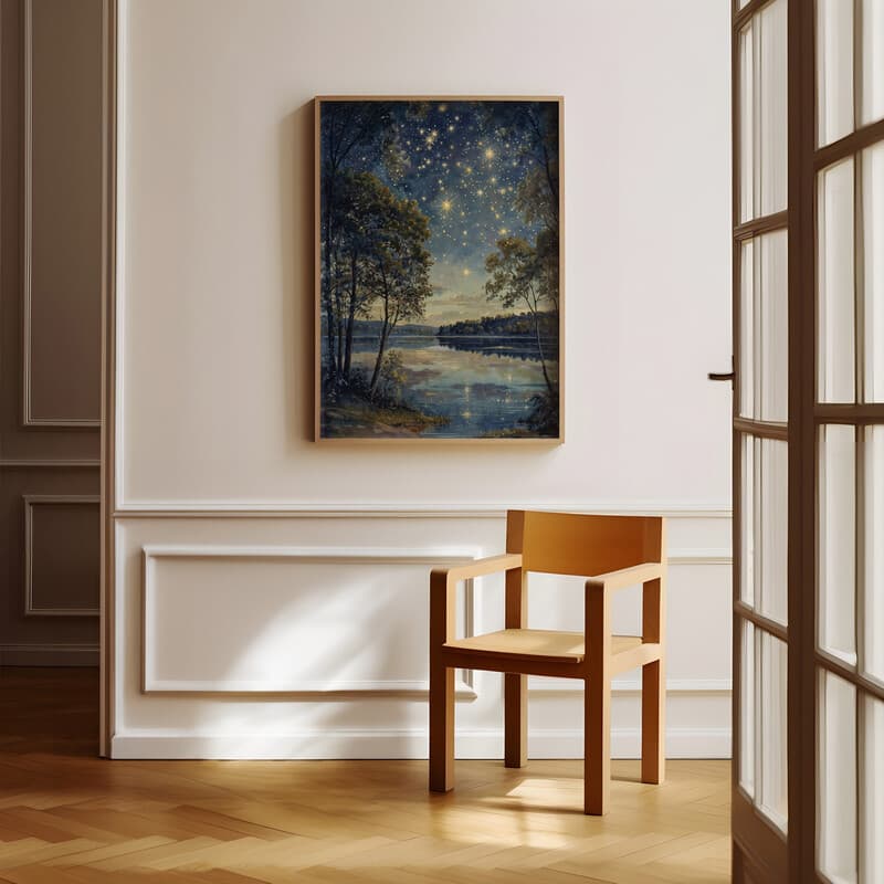 Room view with a full frame of An impressionist oil painting, stars in the sky, lakeside landscape, trees