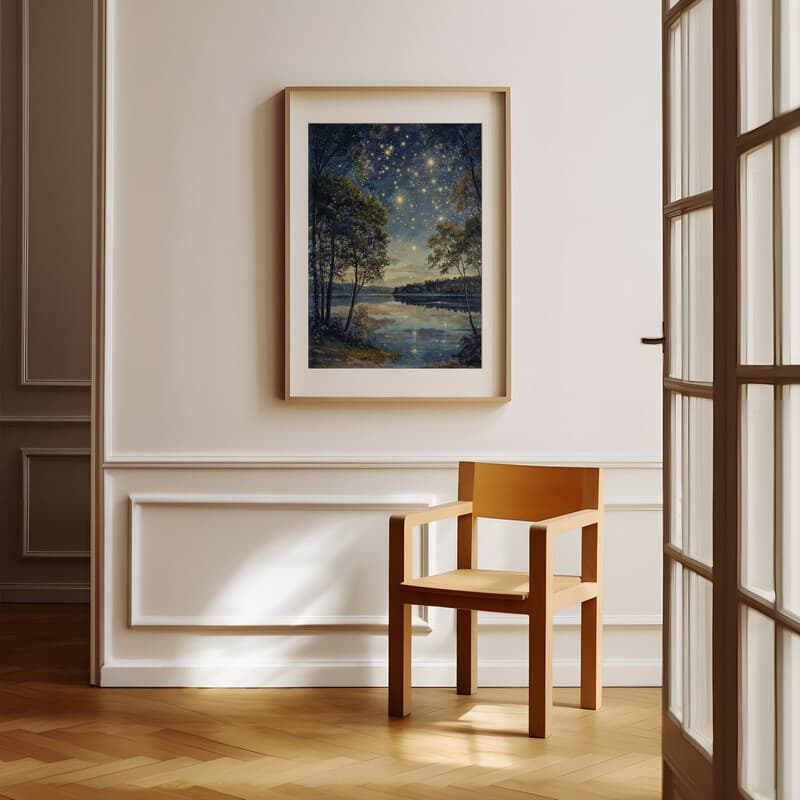 Room view with a matted frame of An impressionist oil painting, stars in the sky, lakeside landscape, trees