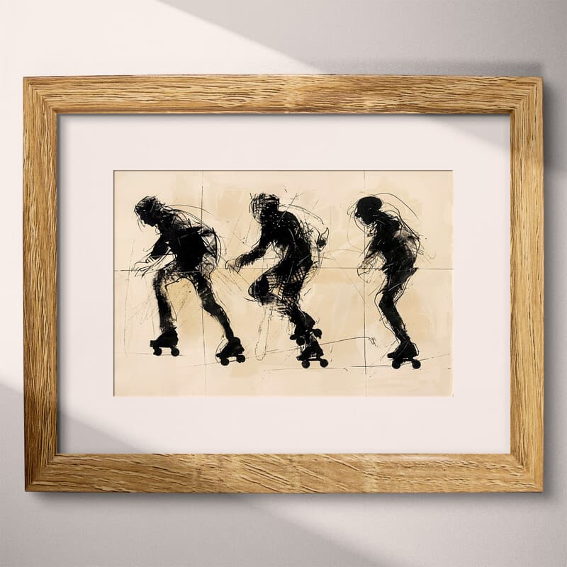 Matted frame view of A retro graphite sketch, people roller skating