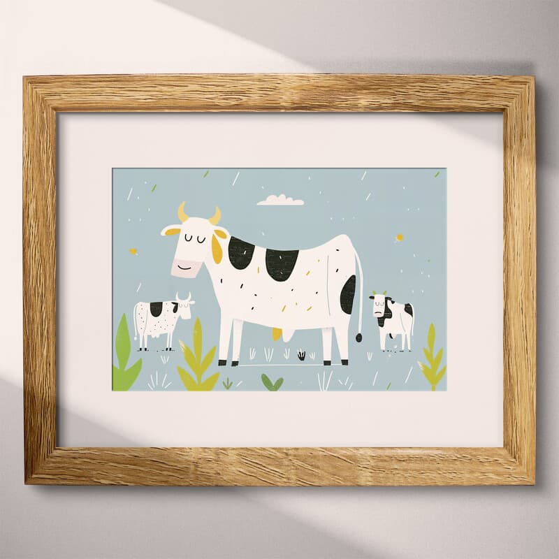 Matted frame view of A cute simple illustration with simple shapes, cows