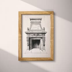 Fireplace Art | Home Wall Art | Architecture Print | White, Black and Gray Decor | Vintage Wall Decor | Living Room Digital Download | Housewarming Art | Christmas Wall Art | Winter Print | Graphite Sketch