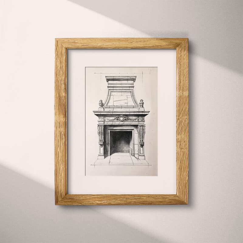 Matted frame view of A vintage graphite sketch, front view of a fireplace