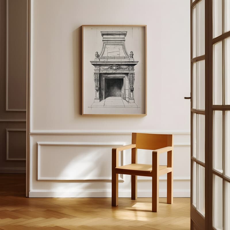 Room view with a full frame of A vintage graphite sketch, front view of a fireplace