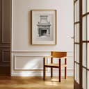 Room view with a matted frame of A vintage graphite sketch, front view of a fireplace