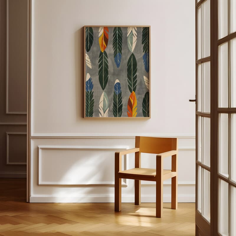 Room view with a full frame of A scandinavian textile print, symmetric feather pattern