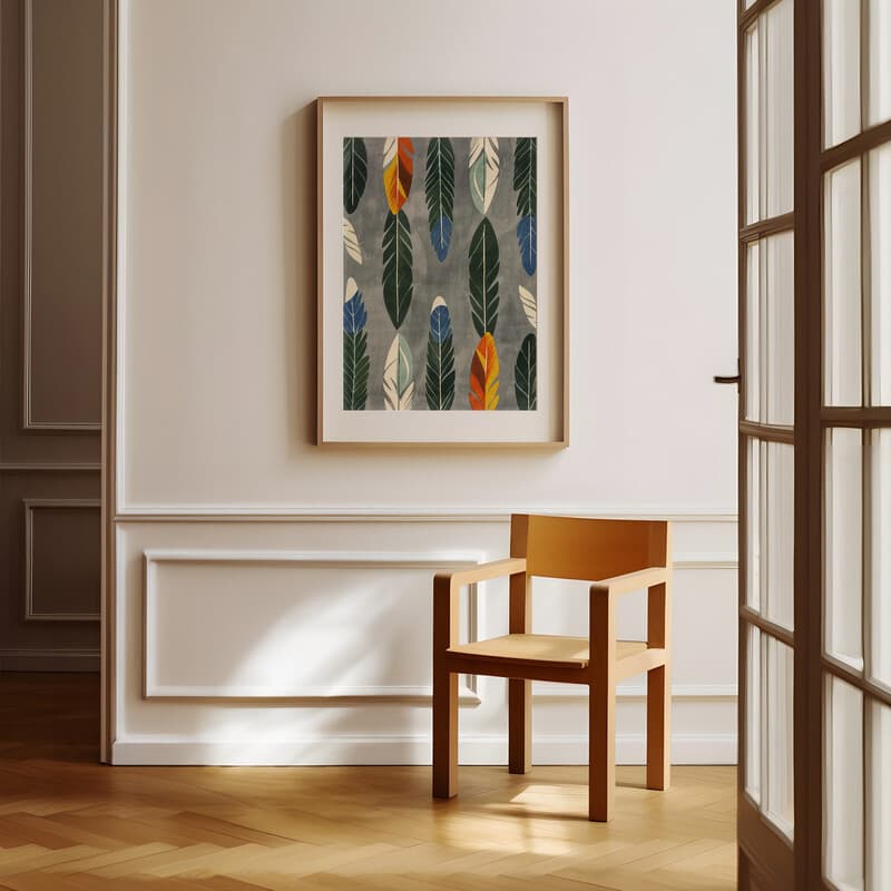 Room view with a matted frame of A scandinavian textile print, symmetric feather pattern