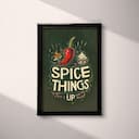 Full frame view of A vintage linocut print, the words "SPICE THINGS UP" with a chilli pepper