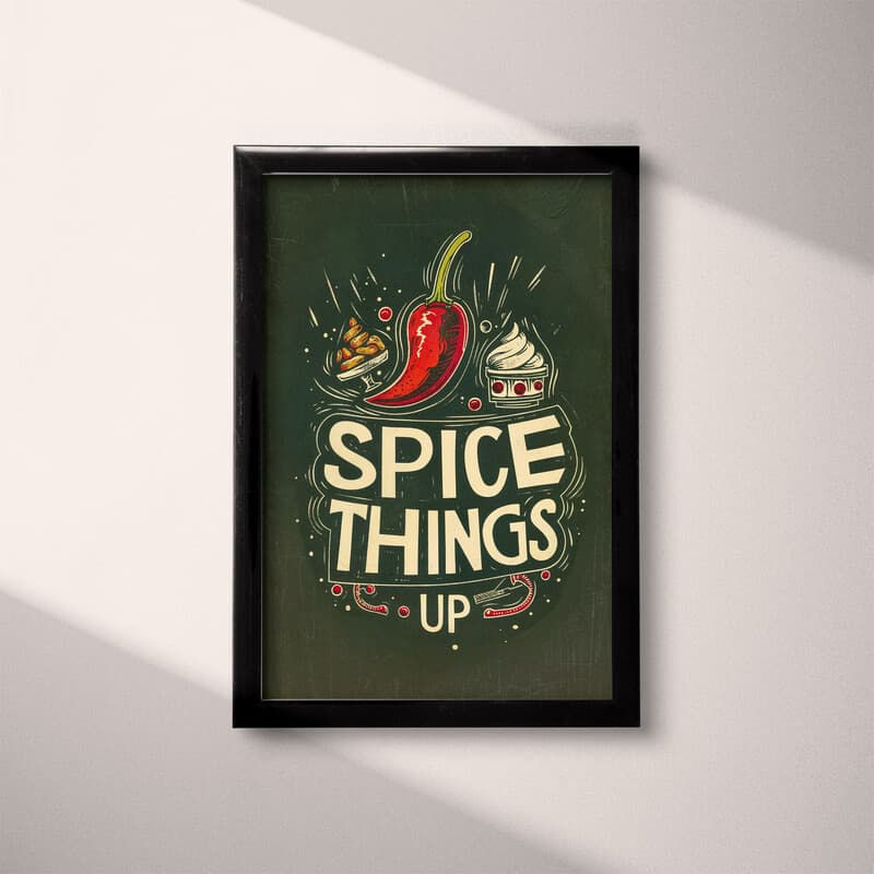 Full frame view of A vintage linocut print, the words "SPICE THINGS UP" with a chilli pepper