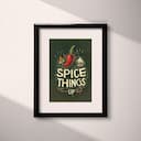 Matted frame view of A vintage linocut print, the words "SPICE THINGS UP" with a chilli pepper