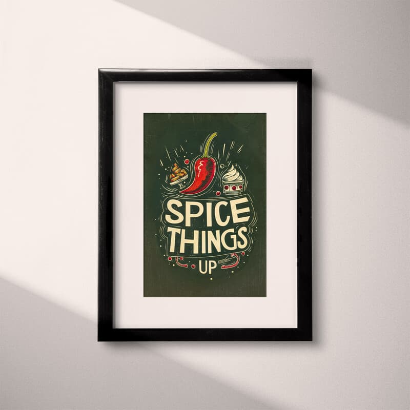 Matted frame view of A vintage linocut print, the words "SPICE THINGS UP" with a chilli pepper